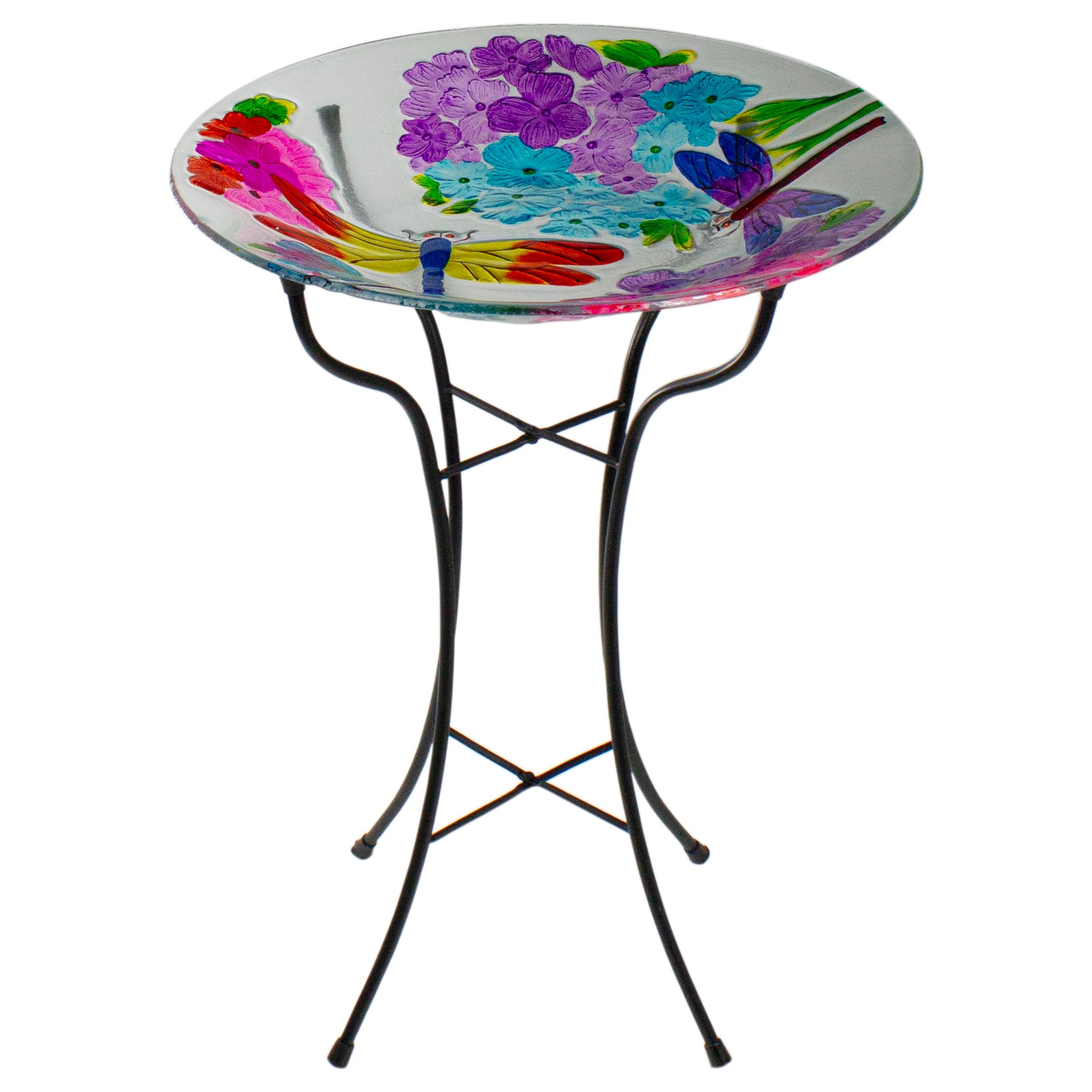 18'' Pink and Purple Dragonflies Hand Painted Glass Birdbath